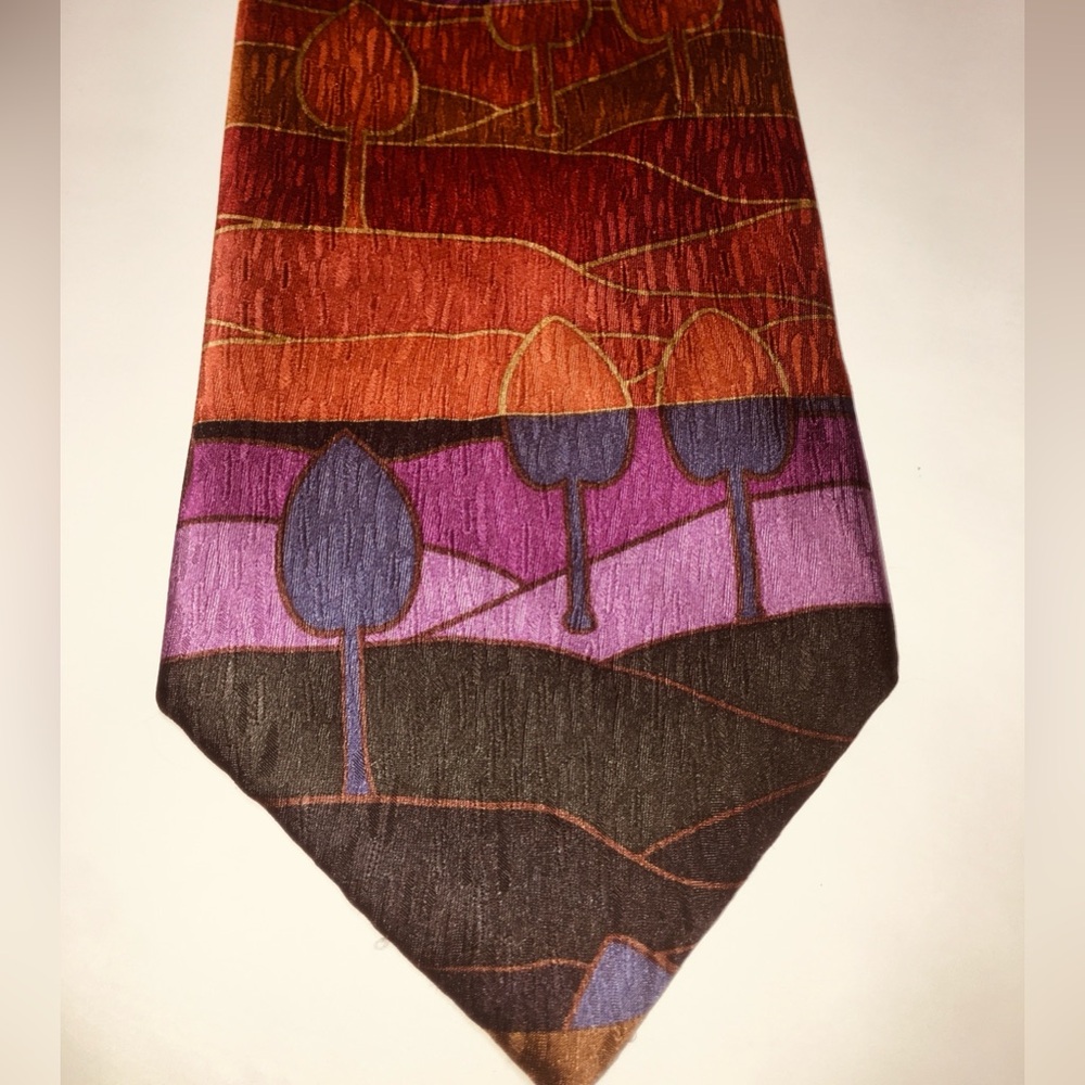 Voysey 80s Mens Designer Tie Artsy Watercolor Trees Earthy Whimsical Retro Silk